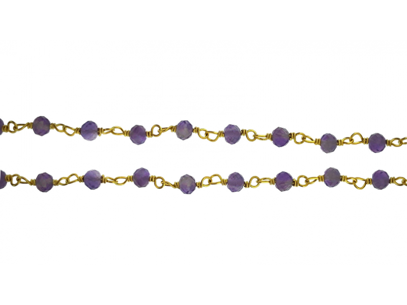 Sterling Silver 925 Gold Plated Wire Wrapped Chain with Amethyst Faceted Beads
