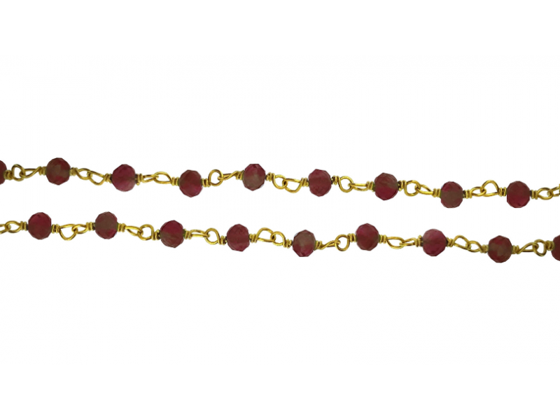 Sterling Silver 925 Gold Plated Wire Wrapped Chain with Garnet Faceted Beads