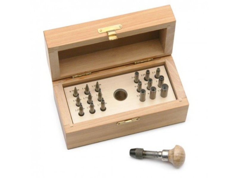 BOXED SET OF 18 BEZEL SETTING PUNCHES (0.75mm-7.75mm), WITH CHUCK HAND-PIECE