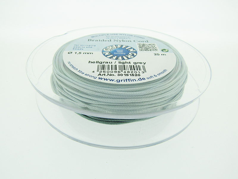 Braided Nylon Cord, Light Grey, 1.5mm, 20m SPOOL