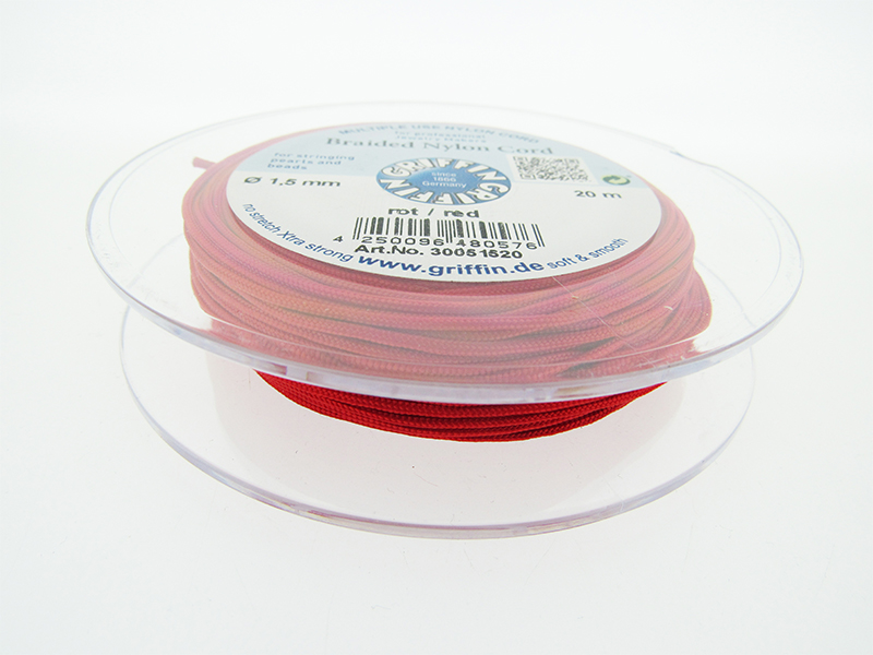 Braided Nylon Cord, Red, 1.5mm, 20m SPOOL