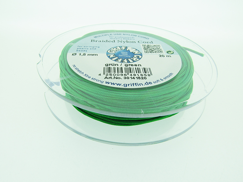 Braided Nylon Cord, Green, 1.5mm, 20m SPOOL