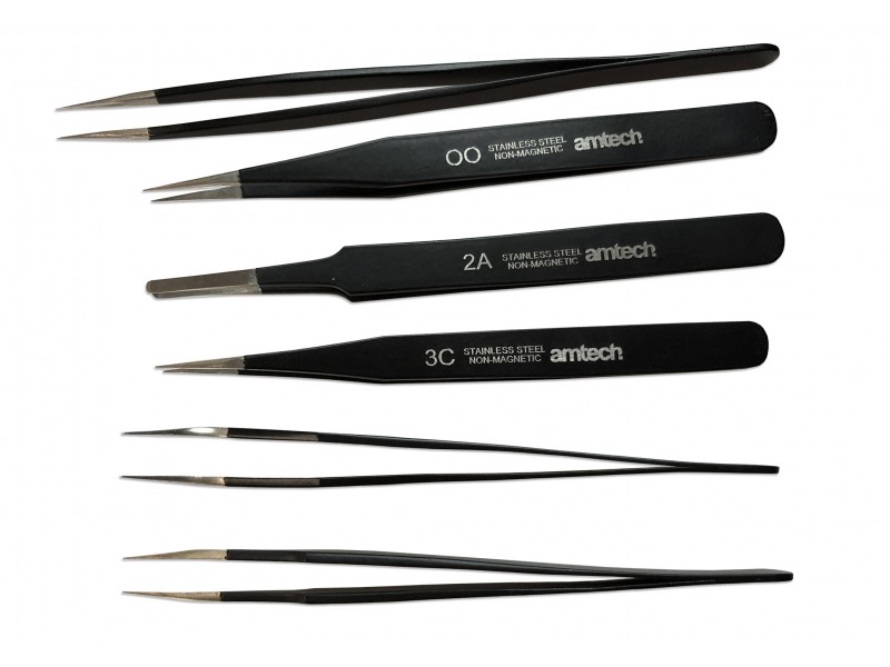 6PC COATED TWEEZER SET, STAINLESS STEEL NON-MAGNETIC, VARIOUS PRECISION TIPS  