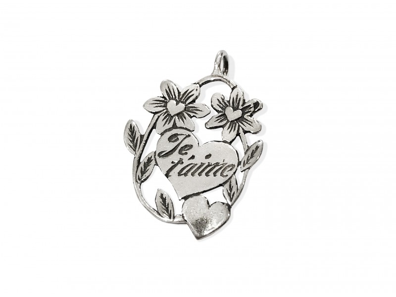 Sterling Silver 925 Flowers & Heart Pendant (Je Taime)