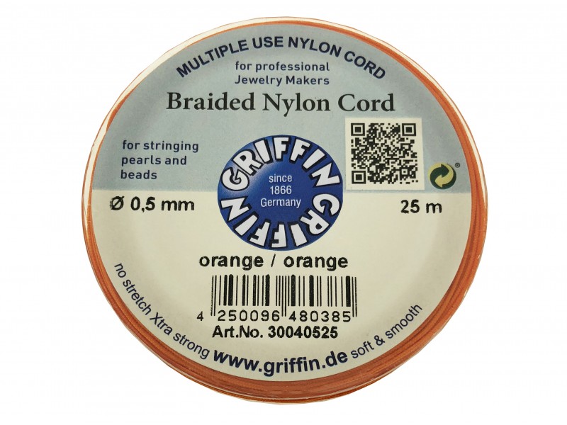 BRAIDED NYLON CORD, ORANGE, 0.5mm, 25m SPOOL