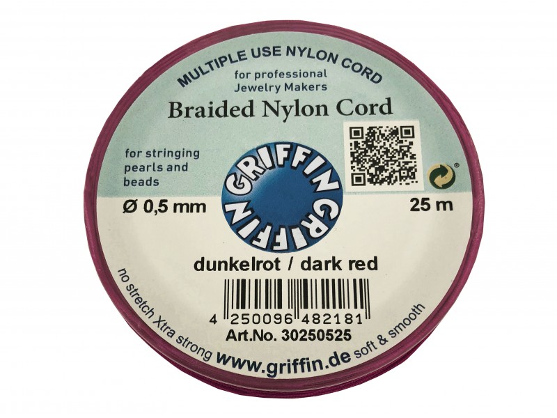 BRAIDED NYLON CORD, DARK RED, 0.5mm, 25m SPOOL